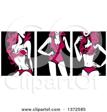 Clipart of Women Wearing Sexy Pink Lingerie on Black - Royalty Free Vector Illustration by BNP Design Studio