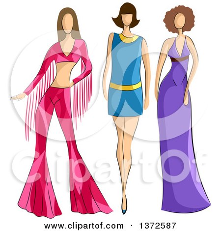 Clipart of Faceless Caucasian Female Models Wearing 70s Styled Apparel - Royalty Free Vector Illustration by BNP Design Studio