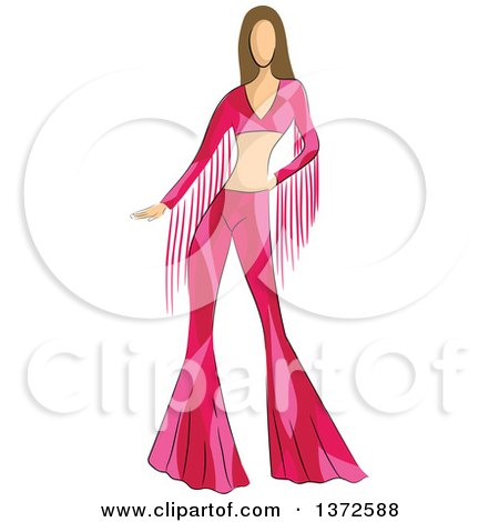 Clipart of a Faceless Caucasian Female Model Wearing a Pink 70s Styled Shirt and Bell Bottoms - Royalty Free Vector Illustration by BNP Design Studio