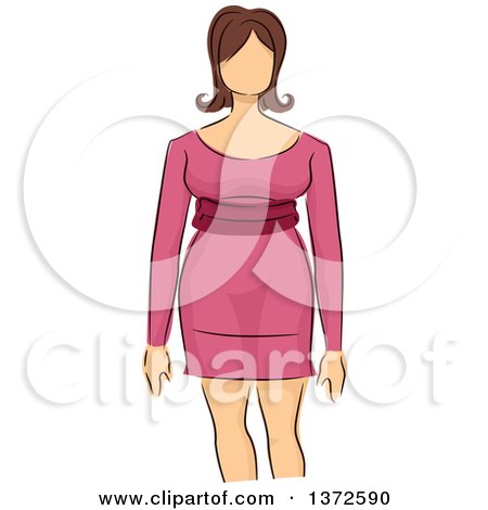 Clipart of a Sketched Faceless Caucasian Plus Size Model Wearing a Pink Dress - Royalty Free Vector Illustration by BNP Design Studio