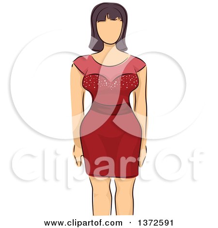Clipart of a Sketched Faceless Caucasian Plus Size Model Wearing a Red Dress - Royalty Free Vector Illustration by BNP Design Studio