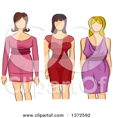 Clipart of Sketched Faceless Caucasian Plus Size Models Wearing Dresses - Royalty Free Vector Illustration by BNP Design Studio