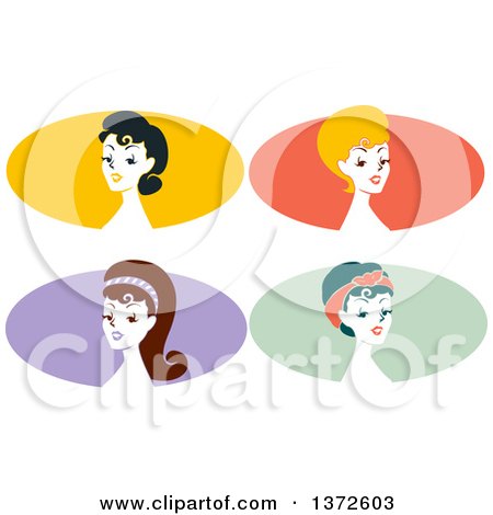 Clipart of Retro Pinup Women from the Shoulders Up, over Colorful Ovals - Royalty Free Vector Illustration by BNP Design Studio