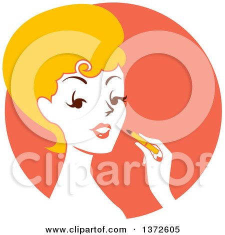 Clipart of a Retro Blond Woman Applying Lipstick over an Orange Circle - Royalty Free Vector Illustration by BNP Design Studio
