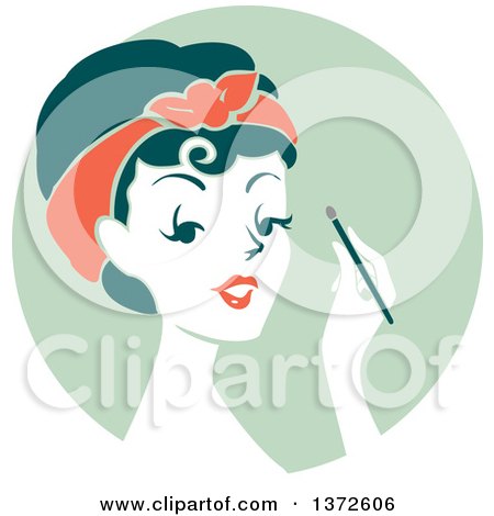 Clipart of a Retro Woman Applying Eyeshadow over a Green Circle - Royalty Free Vector Illustration by BNP Design Studio