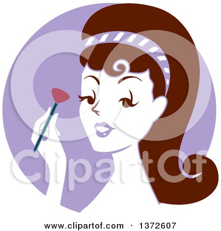 Clipart of a Retro Brunette Woman Applying Blush, over a Purple Circle - Royalty Free Vector Illustration by BNP Design Studio