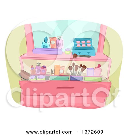 Clipart of a Vanity Dresser with Makeup - Royalty Free Vector Illustration by BNP Design Studio