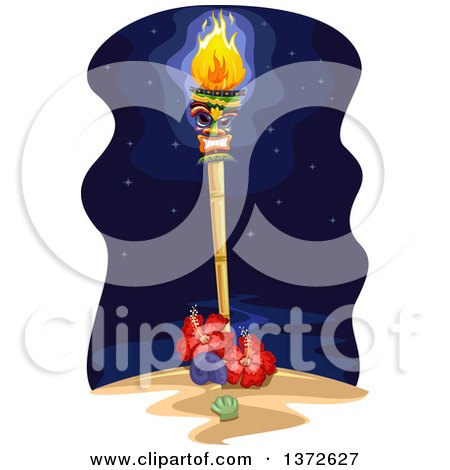 Clipart of a Tiki Torch with Hibiscus Flowers and Shells on a Beach at Night - Royalty Free Vector Illustration by BNP Design Studio