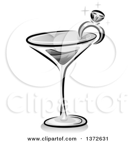 Clipart of a Grayscale Wine Glass or Cocktail with a Ring Garnish - Royalty Free Vector Illustration by BNP Design Studio
