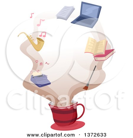 Clipart of a Coffee Cup with Common Hobby Icons in the Steam - Royalty Free Vector Illustration by BNP Design Studio
