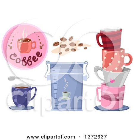Clipart of Coffee Cups, a Bag, Beans and Icon - Royalty Free Vector Illustration by BNP Design Studio