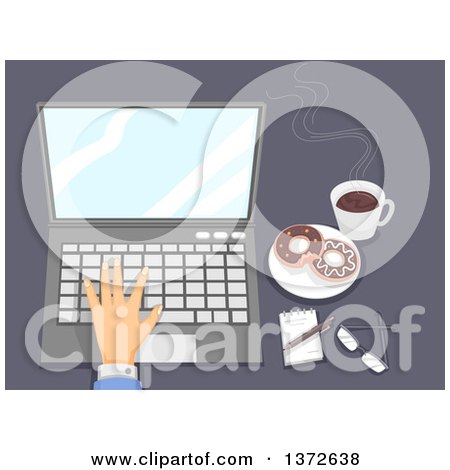 Clipart of a Hand Using a Laptop with Donuts and Coffee on a Desk - Royalty Free Vector Illustration by BNP Design Studio