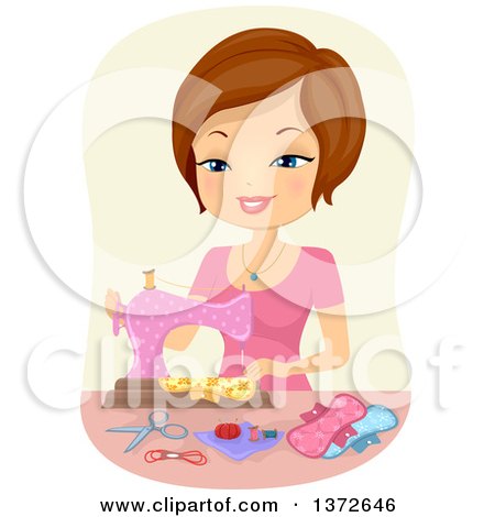 Clipart of a Brunette White Woman Using a Sewing Machine to Make Sanitary Napkins - Royalty Free Vector Illustration by BNP Design Studio