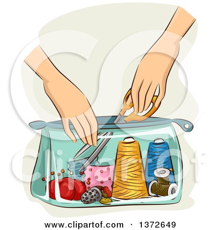 Clipart of a Woman's Hands Pulling Scissors out of a Sewing Kit Bag - Royalty Free Vector Illustration by BNP Design Studio