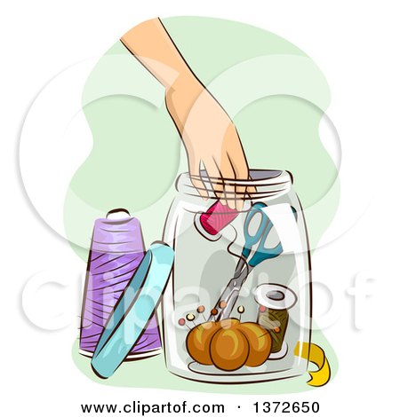 Clipart of a Woman's Hand Reaching for a Spool in a Jar of Sewing Materials - Royalty Free Vector Illustration by BNP Design Studio