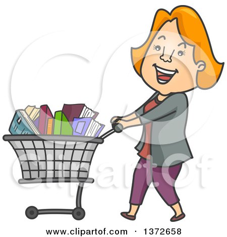 Clipart of a Cartoon Red Haired White Woman Smiling and Shopping for Books - Royalty Free Vector Illustration by BNP Design Studio