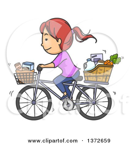 Clipart of a Cartoon Red Haired White Woman Riding a Bicycle with Groceries in Baskets - Royalty Free Vector Illustration by BNP Design Studio
