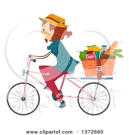 Clipart of a Red Haired White Woman Riding a Bicycle with Groceries in a Basket - Royalty Free Vector Illustration by BNP Design Studio