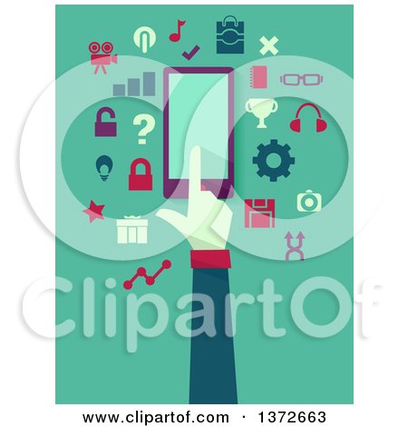 Clipart of a Flat Design Hand Using a Smart Phone, with Apps on Green - Royalty Free Vector Illustration by BNP Design Studio