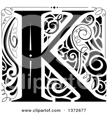 Clipart of a Black and White Vintage Letter K Monogram - Royalty Free Vector Illustration by BNP Design Studio