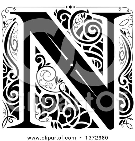 Clipart of a Black and White Vintage Letter N Monogram - Royalty Free Vector Illustration by BNP Design Studio