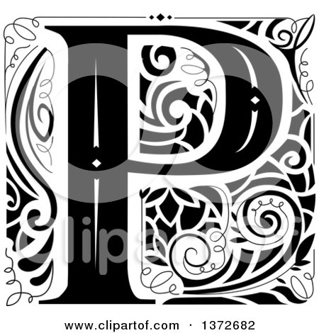 Clipart of a Black and White Vintage Letter P Monogram - Royalty Free Vector Illustration by BNP Design Studio