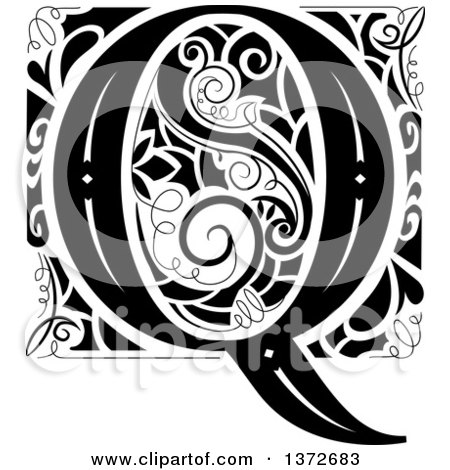 Clipart of a Black and White Vintage Letter Q Monogram - Royalty Free Vector Illustration by BNP Design Studio