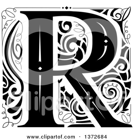 Clipart of a Black and White Vintage Letter R Monogram - Royalty Free Vector Illustration by BNP Design Studio