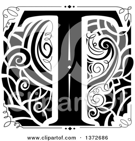 Clipart of a Black and White Vintage Letter T Monogram - Royalty Free Vector Illustration by BNP Design Studio