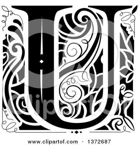 Clipart of a Black and White Vintage Letter U Monogram - Royalty Free Vector Illustration by BNP Design Studio