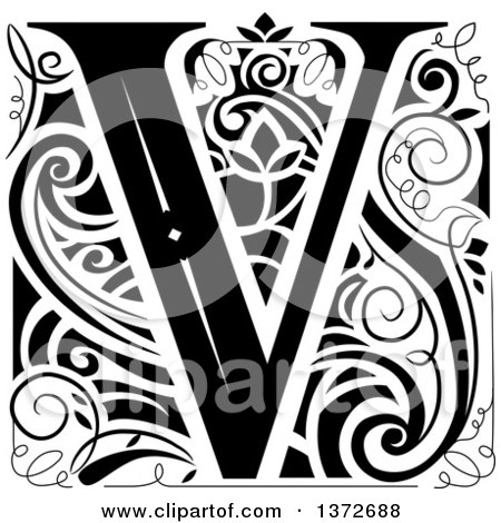 Clipart of a Black and White Vintage Letter V Monogram - Royalty Free Vector Illustration by BNP Design Studio