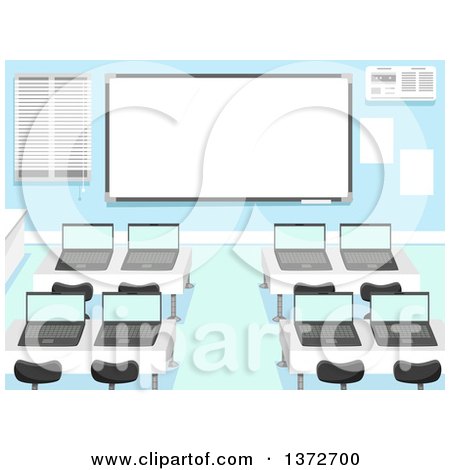 Clipart of a Computer Lab with Laptops on Desks and a White Board - Royalty Free Vector Illustration by BNP Design Studio