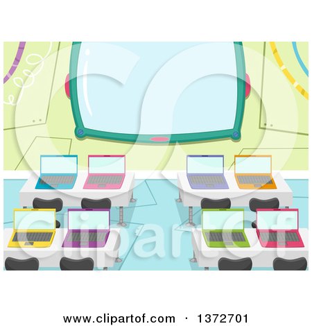 Clipart of a Computer Lab with Colorful Laptops on Desks and a Screen - Royalty Free Vector Illustration by BNP Design Studio