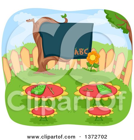 Clipart of a Garden Class Room with Flower Tables and a Tree Black Board - Royalty Free Vector Illustration by BNP Design Studio