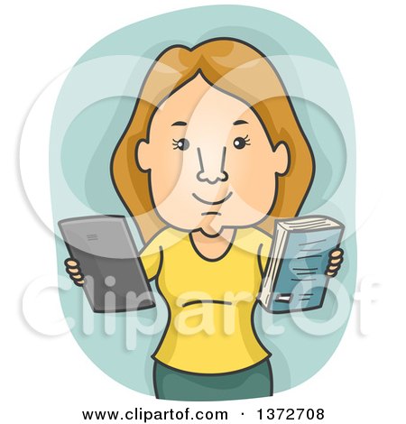Clipart of a Blond White Woman Holding a Book and Tablet Computer - Royalty Free Vector Illustration by BNP Design Studio
