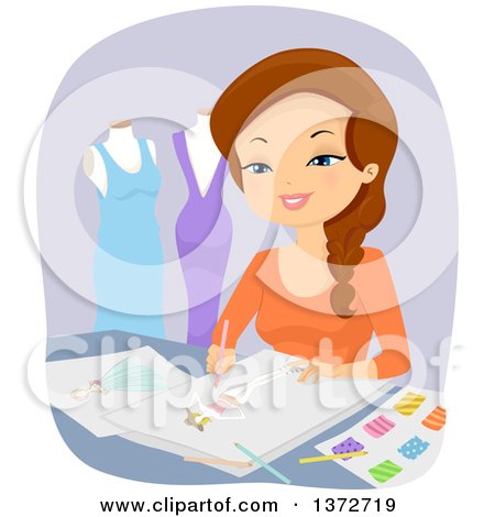 Clipart of a Happy Brunette White Female Fashion Designer Drawing - Royalty Free Vector Illustration by BNP Design Studio