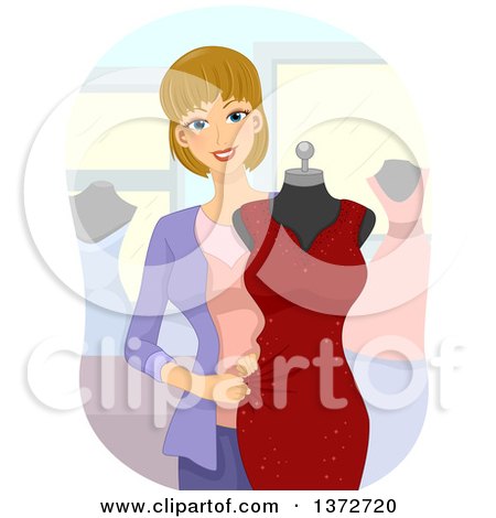 Clipart of a Blond White Female Fashion Designer Putting a Dress on a Mannequin - Royalty Free Vector Illustration by BNP Design Studio