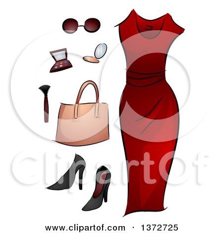 Clipart of a Red Dress, Makeup and Accessories - Royalty Free Vector Illustration by BNP Design Studio