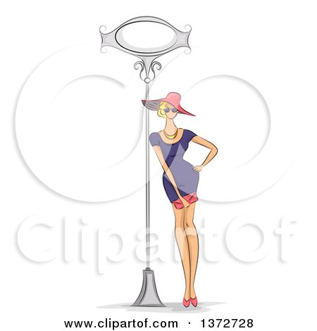 Clipart of a Sketched Blond White Woman in a Fashionable Dress, Leaning Against a Sign Post - Royalty Free Vector Illustration by BNP Design Studio