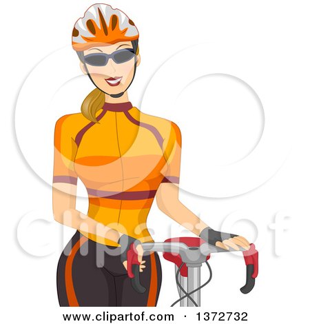 Clipart of a Blond White Woman Wearing Sunglasses and a Helmet, Standing by a Bicycle - Royalty Free Vector Illustration by BNP Design Studio