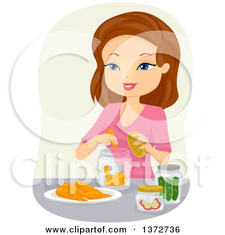 Clipart of a Happy Brunette White Woman Canning Carrots and Cucumbers - Royalty Free Vector Illustration by BNP Design Studio