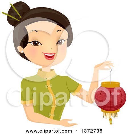 Clipart of a Happy Asian Woman Holding a Chinese Lantern - Royalty Free Vector Illustration by BNP Design Studio