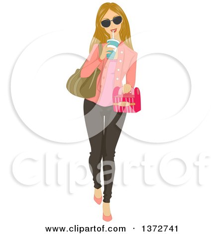 Clipart of a Blond Caucasian Woman Walking with a Container of Takeout Food and Drinking a Soda - Royalty Free Vector Illustration by BNP Design Studio