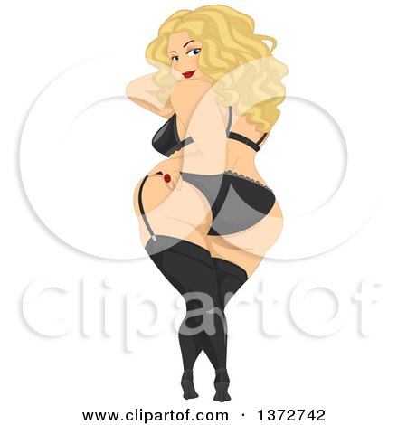 Clipart of a Rear View of a Sexy Blond White Chubby Woman Posing in Lingerie and Looking Back - Royalty Free Vector Illustration by BNP Design Studio