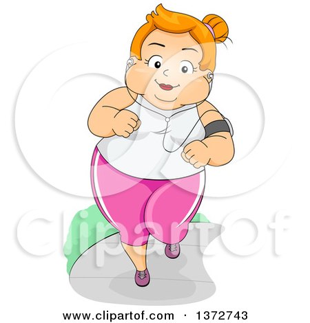 Clipart of a Cartoon Happy Red Haired White Chubby Woman Jogging and Listening to Music - Royalty Free Vector Illustration by BNP Design Studio