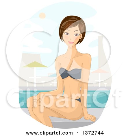 Clipart of a Young Thin Brunette White Woman Sitting on a Pool Side - Royalty Free Vector Illustration by BNP Design Studio