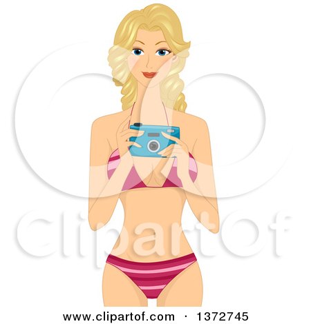 Clipart of a Blond White Woman Wearing a Bikini and Taking Picures - Royalty Free Vector Illustration by BNP Design Studio