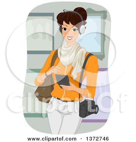 Clipart of a Happy Brunette White Woman Listening to a Museum Audio Guide - Royalty Free Vector Illustration by BNP Design Studio