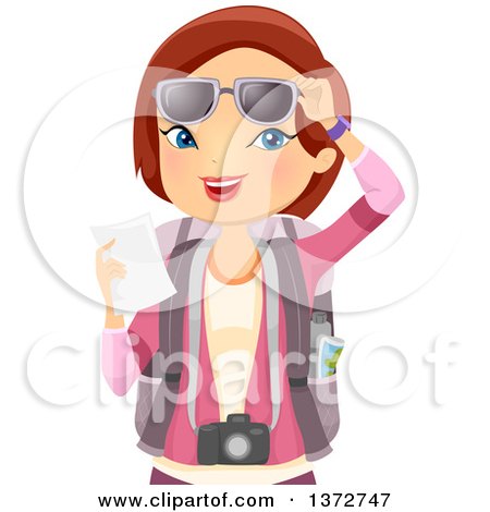 Clipart of a Happy Brunette White Woman Lifting Her Sunglasses and Checking Her Travel Itinerary - Royalty Free Vector Illustration by BNP Design Studio