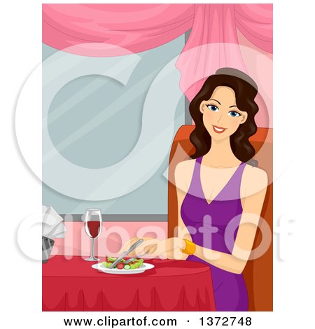 Clipart of a Happy Brunette White Woman Dining in a Restaurant - Royalty Free Vector Illustration by BNP Design Studio